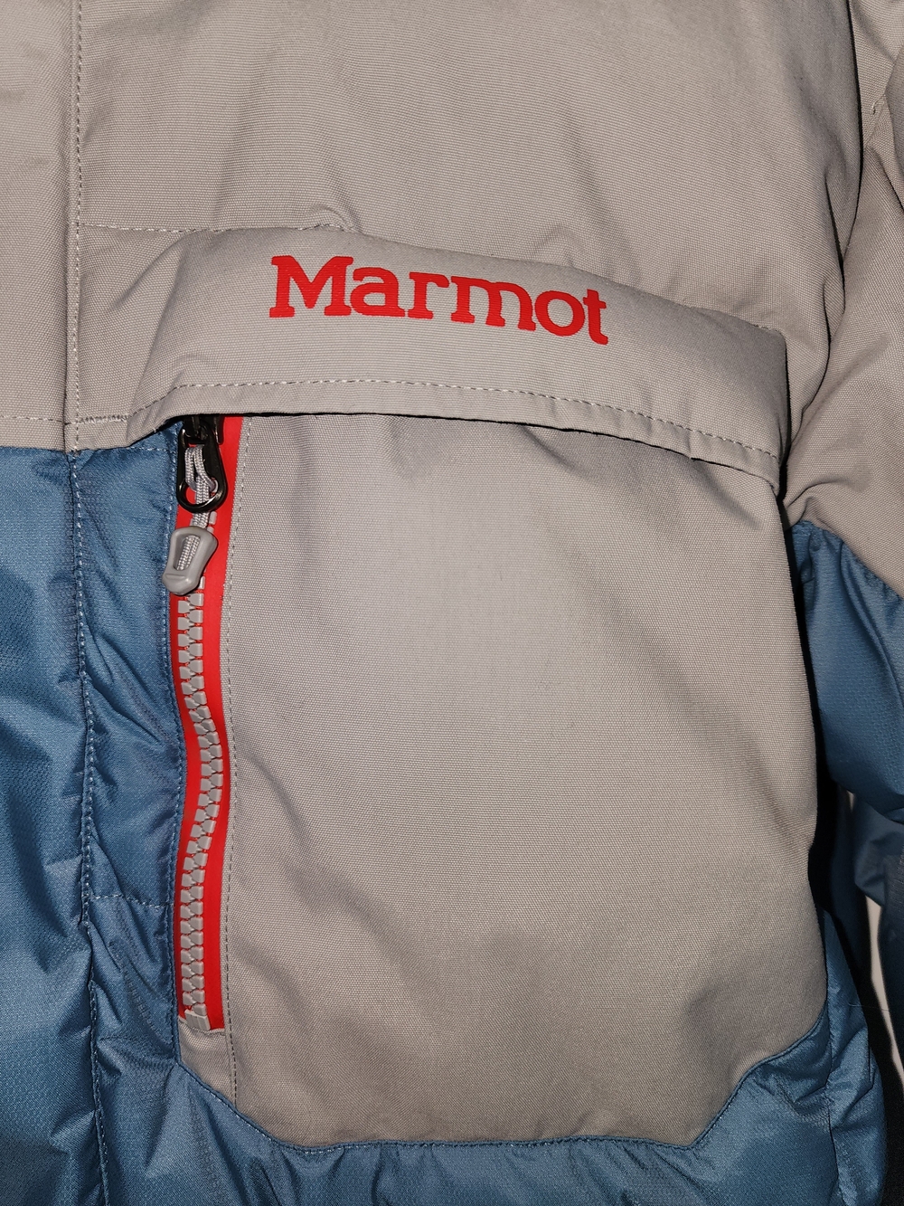 Men's Marmot Two-Tone Hooded Jacket in Light Gray and Blue with Red Logo